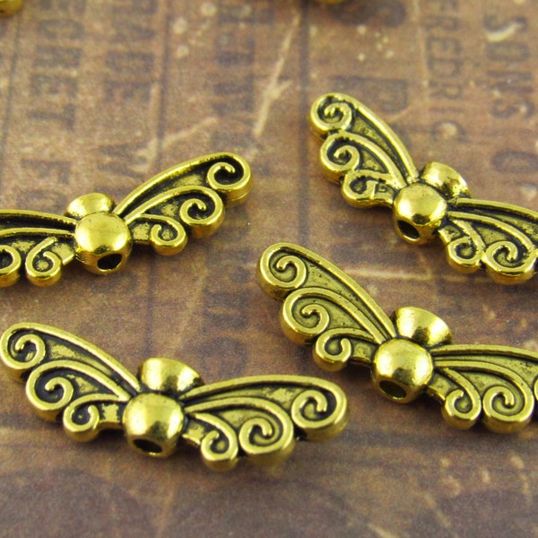 Ornate Fairy Wing Findings, Angel Wing Beads, Antique Gold Wing Beads (6) - G6