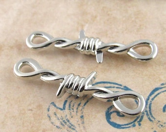 34mm Barb Wire Connector Charms, Silver Tone Barbed Wire Charms (6) - S12