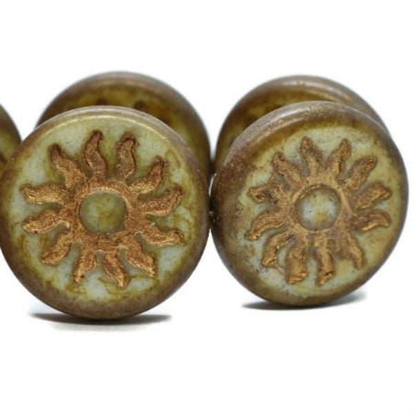 Chartreuse Green Sun Glass Beads, Medallion Czech Bronze Sun Coin Beads (1 or 2) - 0893/SUN