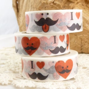 Schnurrbart Washi Tape, Herzen Washi Tape, Volle Rolle - A1578