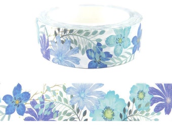 Blue Floral Washi Tape, Blue Flower Washi Tape, 36" Sample Washi Tape or Full Roll - CWWTS-5