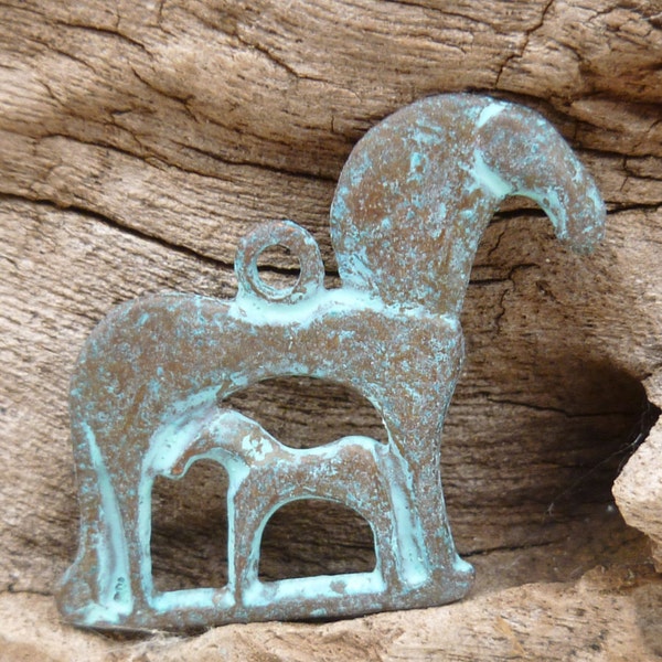 Patina Stylized Mare and Foal Greek Art Charm Pendant , Mykonos Casting Beads (2) -M4 - X1046