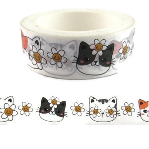 Cat Washi Tape,  Daisy Flower Washi Tape, Cartoon Kitten Washi Tape,  Full Roll - CWWTS-24
