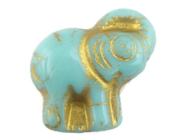 Turquoise Elephant Bead, Rustic 3D Blue Elephant Czech Pressed Glass Bead (2 or full strand) -0437/ele