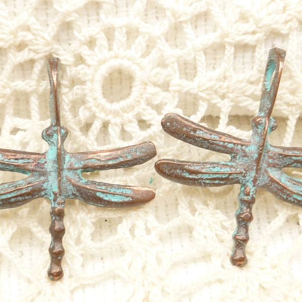 Rustic Verdigris Patina Dragonfly Casting Pendant , Mykonos Casting Beads (2) - M1 - X0773