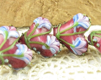 Red Flower Floral Heart  Lampwork Glass Beads (2)