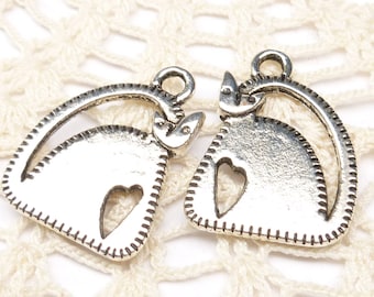 Fancy Artistic Cat with Cutout Heart Charms, Antiqued Silver (4) - S106