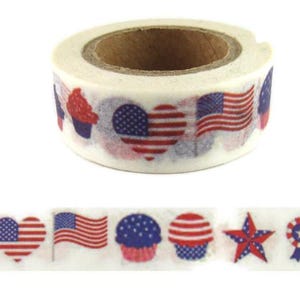 Patriotic Washi  Tape, Red White Blue Washi Tape, Cupcake Washi Tape, Flag Washi Tape, Ribbon Washi Tape, Full Roll - K722