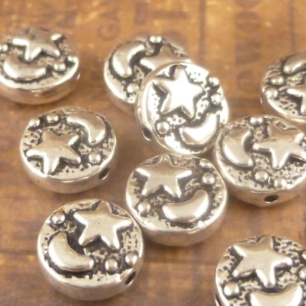 Moon and Star Spacer Beads Coin Flat Round  Antiqued Silver (10) - SF23