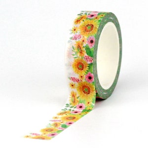 Pink Flower Washi Tape, Yellow Sunflower Washi Tape, Full Roll - CWWTS-16