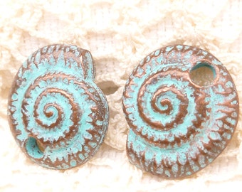 Rustic, Vintage Look, Patina Nautilus Ammonite Spiral Charms, Pendants - Mykonos Casting Beads (2) - M15 - X50129