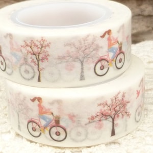 Washi Tape Pink Girl on Bike, Cherry Blossom Spring Washi Tape, Full Roll - CC590