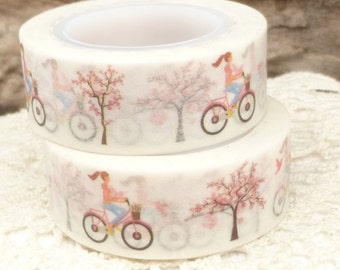 Washi Tape Pink Girl on Bike, Cherry Blossom Spring Washi Tape, Full Roll - CC590