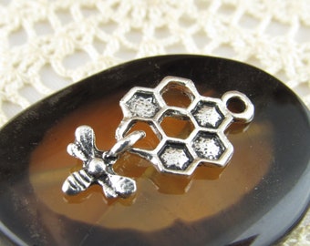 Antiqued Silver Honey Bee Dangle Charm, Honeycomb with Bee Charm (4) - S159