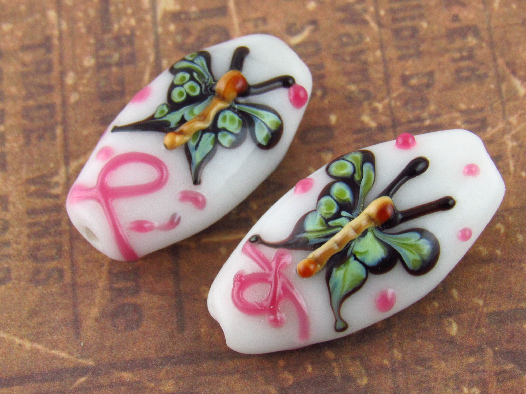 Hand Carved White fiberoptic Glass Butterfly Beads(You are buying TWO  beads)
