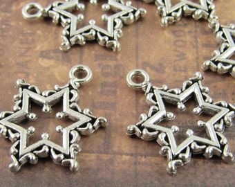 Antique Silver Snowflake Charms, Silver Tone Star Charms (6) - S143