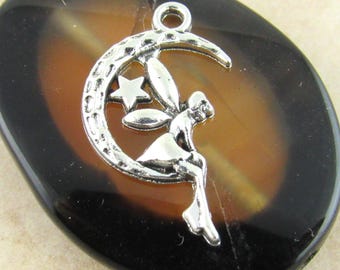 Fairy on Moon Charm, Moon and Star Charm, Fairy Charm, Antiqued Silver (8) - S16