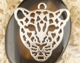 28mm Detailed, Filigree Leopard Head Charm Pendant, Antiqued Silver (2) - S2