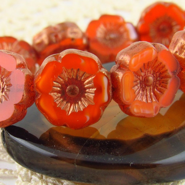 12mm Orange Czech Glass Flower Beads, Hibiscus Glass Flower Beads (6) - 1129/FLH