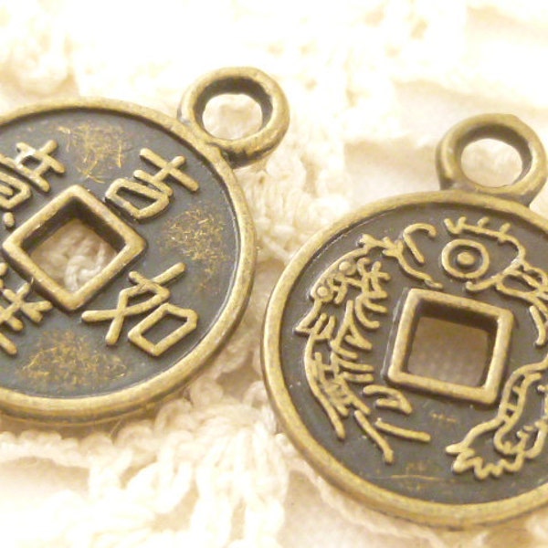 Chinese Good Luck Wealth Coin Connector Charm, Bronze Tone (10) - A34