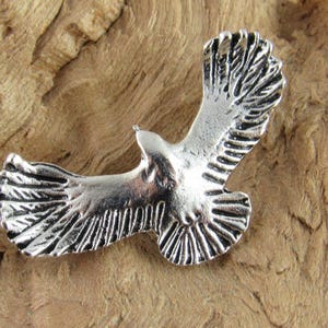 May include: A silver-toned metal pendant in the shape of a bird with its wings spread out. The bird is detailed with textured feathers.