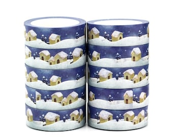 Washi Tape Snowy Houses, Winter Washi Tape, Snowy Landscape Washi Tape, Full Roll - CWWTS