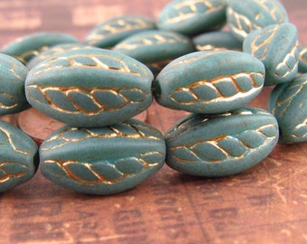 15x9mm Sea Green Glass Bead, Twisted Oval Czech Pressed Glass Bead, Rope Design Bead (4) -  0835/OVT
