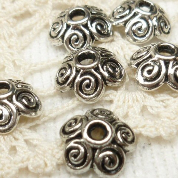 10mm Antiqued Silver Swirl Flower Bead Cap (20) - SF4