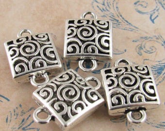 23mm Silver Tone Spiral Connector, Puffed Square Filigree Charm, Swirl Charm (4) - SF114