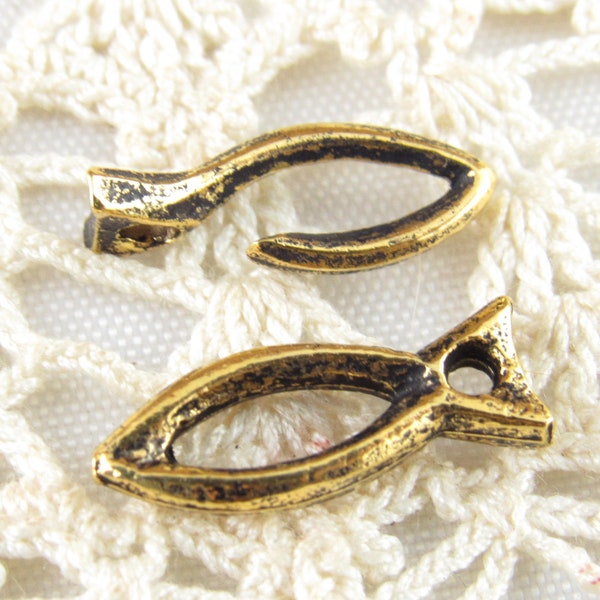 Gold Tone Fish Clasp,  Ichthys Charm, Hook and Loop Clasp Findings Charms - Mykonos Casting, (2 sets) -M59 - X1370