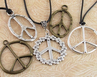 Simple Peace Sign Necklace, Peace Symbol Black Faux Leather Necklace, Your Choice
