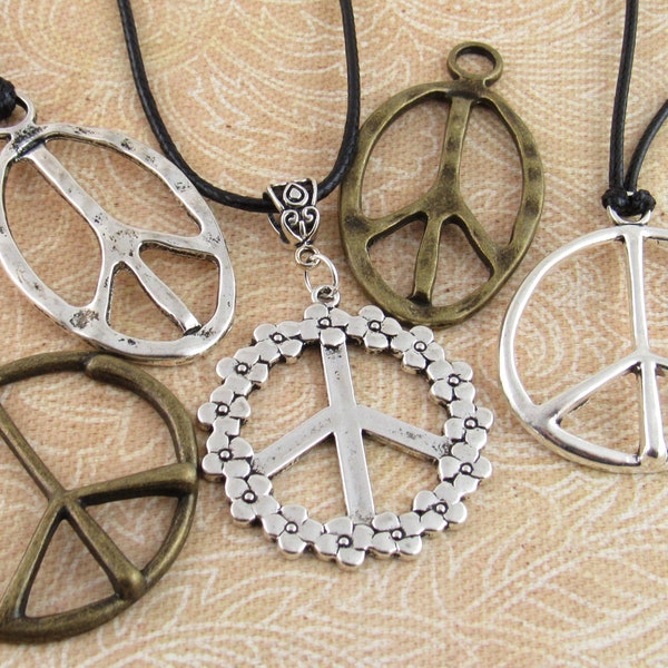 Large Peace Sign Necklace, Peace Symbol Black Faux Leather Necklace