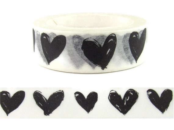 Washi Tape, Black Heart Washi Tape, Black Valentines Washi Tape, Full Roll  - CWWTS-9