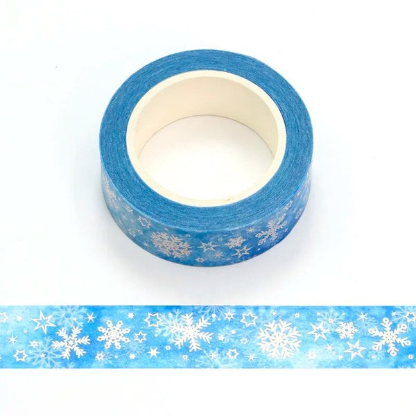 Blue Snowflake Washi, Sparkling Snowflake Washi Tape, Metallic Foil Washi Tape, Full Roll - SSS