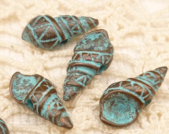 Small, Patina Conch Shell Beads, Rustic Antique Patina Charms - Mykonos Casting Beads (4) - M40 - X1518