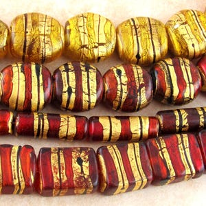 Gold Foil and Ruby Red Glass Beads, Rectangle Christmas Color Lampwork Beads (2)