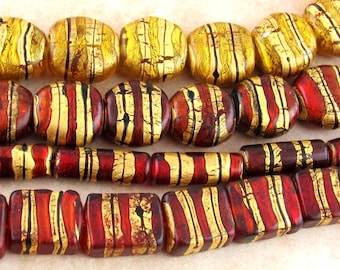 Gold Foil and Ruby Red Glass Beads, Rectangle Christmas Color Lampwork Beads (2)