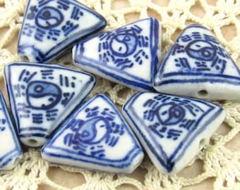17mm Blue and White Yin Yang Porcelain Beads, Hand Painted Ceramic Triangle Beads (2 or 4)