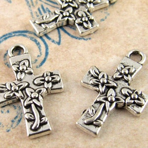 Flower Cross Charms, Antique Silver (6) - S146