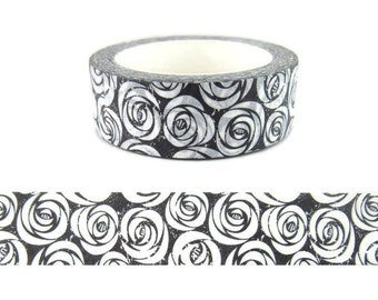 Washi Tape Black Flower, Black Rose Washi Tape, White Flower Rose,  Full Roll  - CWWTS-22