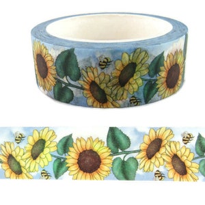 Washi Tape Yellow Sunflower, Honey Bee Washi Tape, Green Leaves Washi Tape, Full Roll - M
