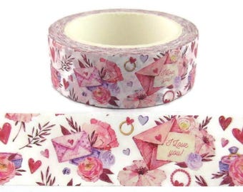 Washi Tape Love Letter, Wedding Ring Washi Tape, Red Hearts Washi Tape, Full Roll - CWWTS-4