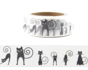 May include: A roll of white washi tape with a black and white repeating pattern of cats with curled tails.