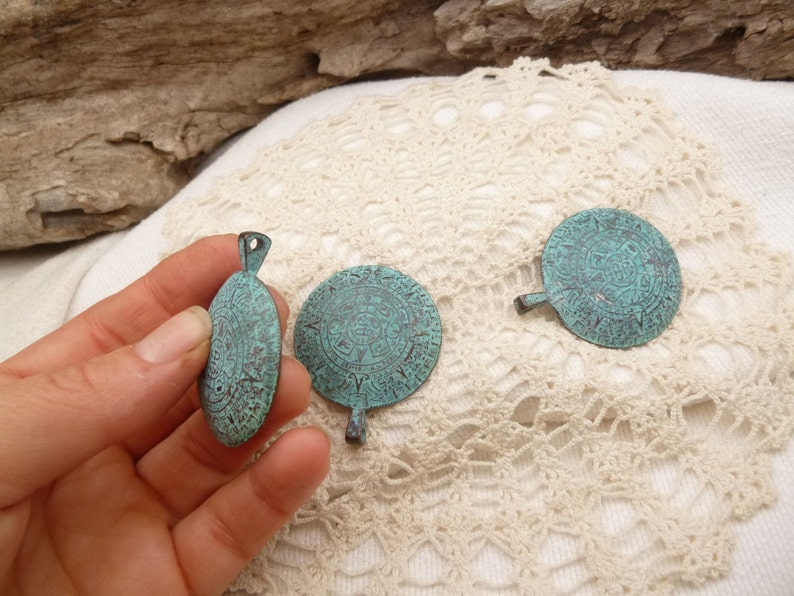 1 - M64 x5841 Rustic Blue Patina Mayan Calendar Pendant Mykonos Casting Pendant