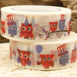 Patriotic Washi Tape, Patriotic Owl, Red White Blue Washi Tape, Full Roll - M589