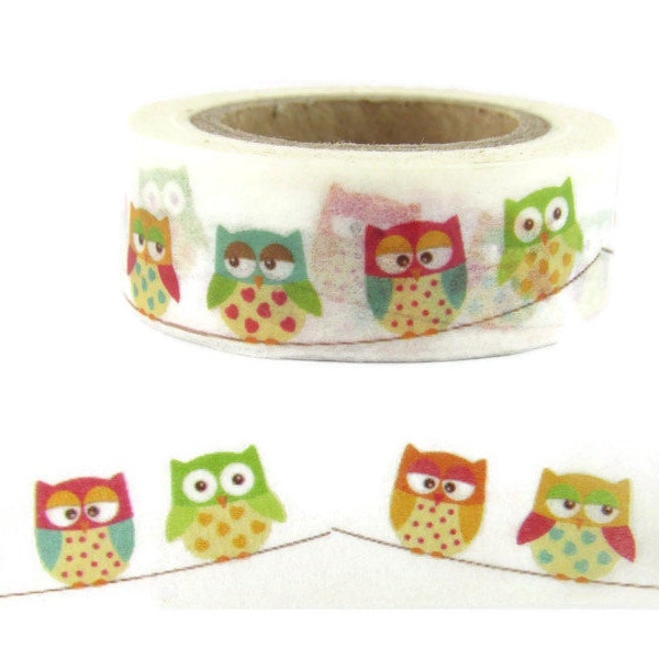 Washi Tape, Owl Washi Tape, Multicolor Owls Washi Tape, Full Roll - W1424