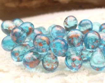 5x7 Capri Blue Metallic Speckled Czech Glass Drop Beads (25 or 50 beads) - 0564/DRO