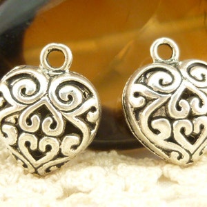 Ornate Filigree Heart Drop Charm, Finding, Antique Silver (4) - S13