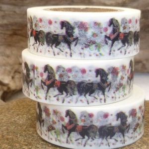 Schwarzes Pferd Washi Tape, Hengst Washi Tape, Blumen Washi Tape, Tier Washi Tape, Rolle - W1147