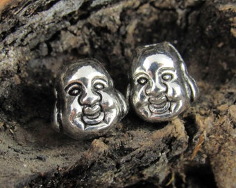 Buddha Head Spacer Beads, Buddha Head Charm, Antiqued Silver, Two Sided (4) - SF60